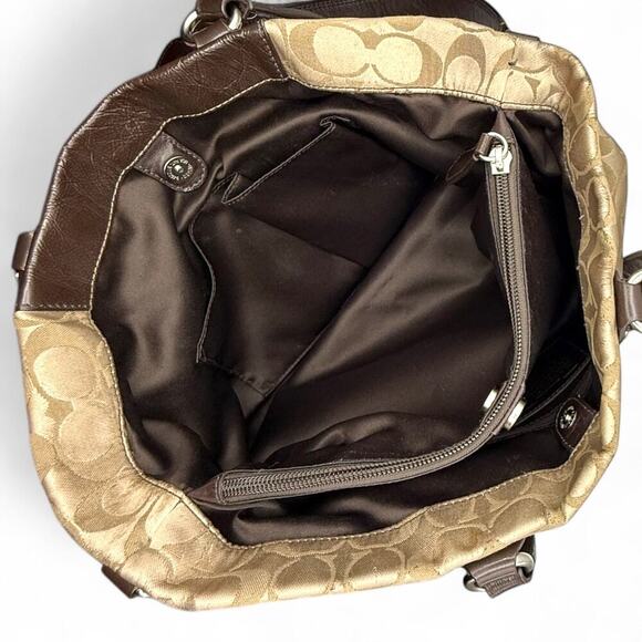 COACH F15510 Ashley Signature Sateen Carryall Khaki Gold Mahogany Leather Silver - Picture 10 of 16